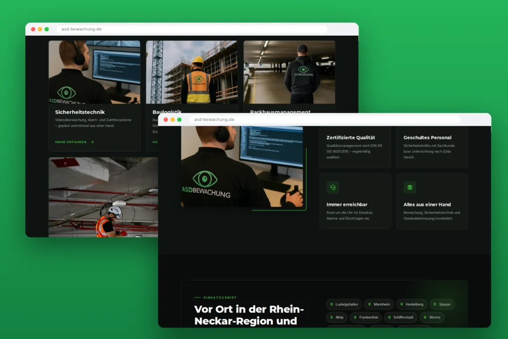 ASD-Bewachung – Website für Sicherheitsdienst, umgesetzt von Media WebConcept – Inhaltsseiten und Sektionen