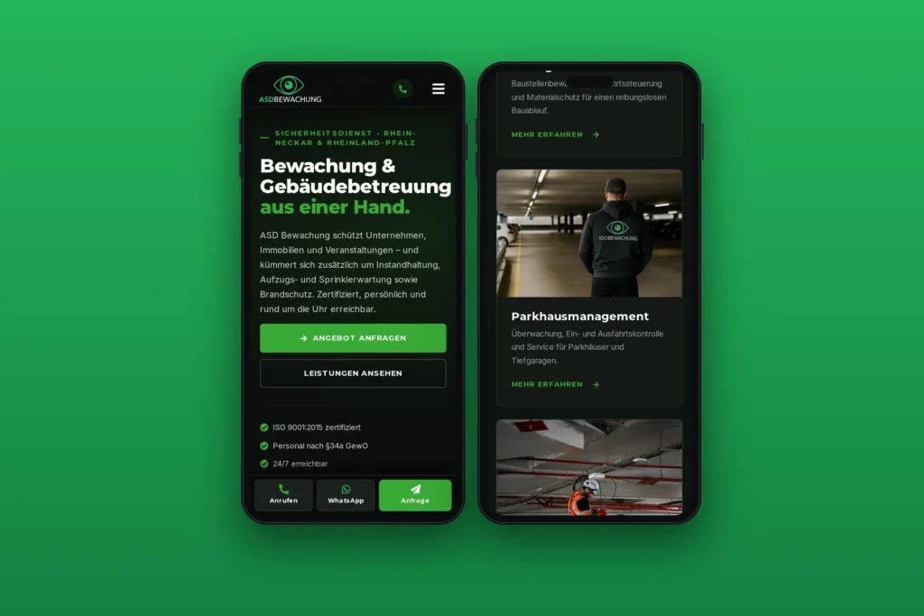 ASD-Bewachung – Website für Sicherheitsdienst, umgesetzt von Media WebConcept – Mobile Ansicht