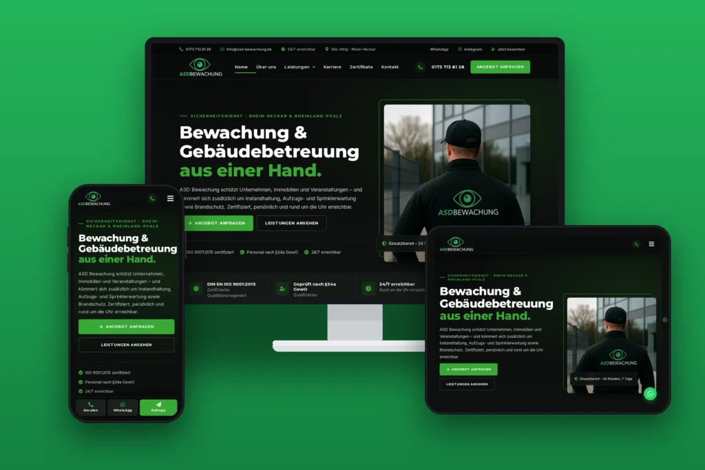ASD-Bewachung – Website für Sicherheitsdienst, umgesetzt von Media WebConcept – Mockup: Desktop, Tablet und Smartphone