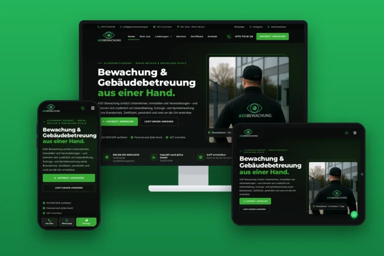 ASD-Bewachung – Website für Sicherheitsdienst, umgesetzt von Media WebConcept – Mockup: Desktop, Tablet und Smartphone