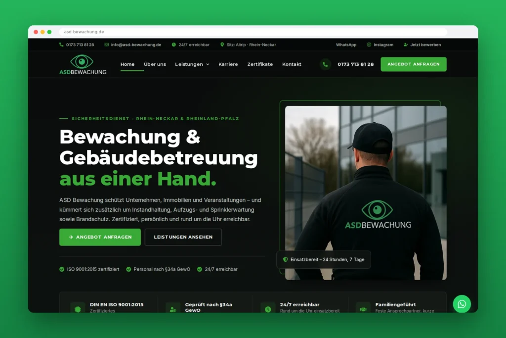 ASD-Bewachung – Website für Sicherheitsdienst, umgesetzt von Media WebConcept – Startseite im Browser