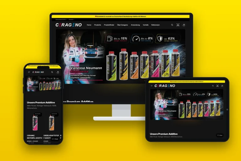 CERAGENO – Shopify-Onlineshop für Motor-Additive, umgesetzt von Media WebConcept – Mockup: Desktop, Tablet und Smartphone