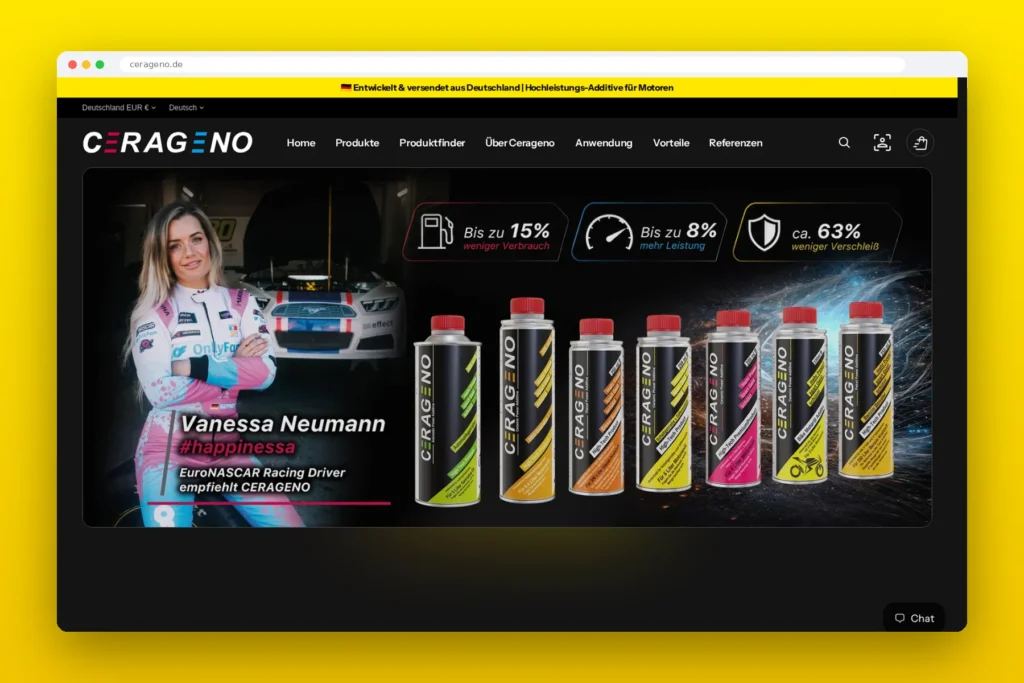 CERAGENO – Shopify-Onlineshop für Motor-Additive, umgesetzt von Media WebConcept – Startseite im Browser