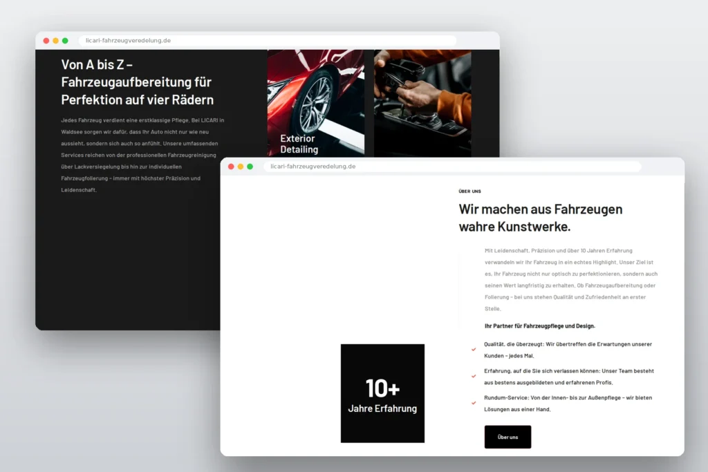 Licari Fahrzeugveredelung – Website für Fahrzeugaufbereitung, umgesetzt von Media WebConcept – Inhaltsseiten und Sektionen