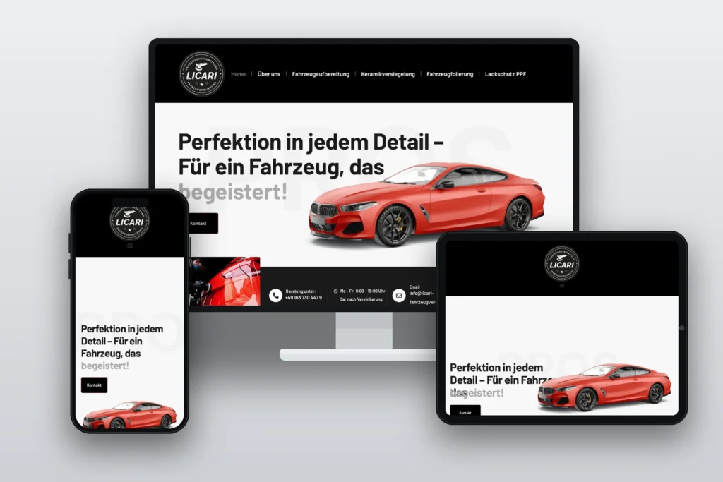 Licari Fahrzeugveredelung – Website für Fahrzeugaufbereitung, umgesetzt von Media WebConcept – Mockup: Desktop, Tablet und Smartphone