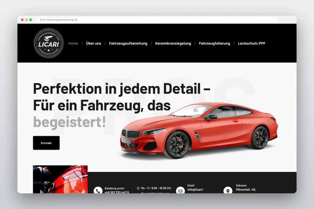 Licari Fahrzeugveredelung – Website für Fahrzeugaufbereitung, umgesetzt von Media WebConcept – Startseite im Browser