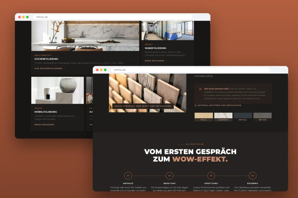 ReFolia – Website für Küchen- und Möbelfolierung, umgesetzt von Media WebConcept – Inhaltsseiten und Sektionen