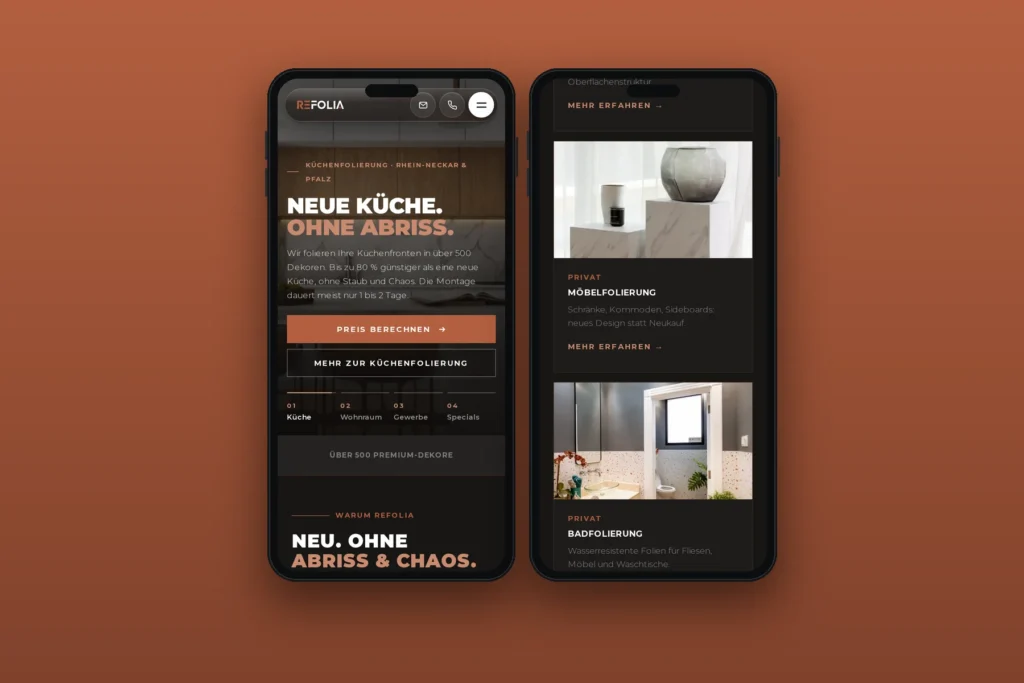 ReFolia – Website für Küchen- und Möbelfolierung, umgesetzt von Media WebConcept – Mobile Ansicht