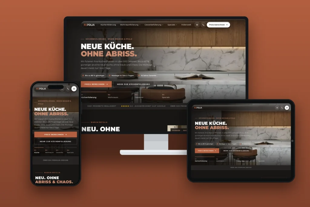 ReFolia – Website für Küchen- und Möbelfolierung, umgesetzt von Media WebConcept – Mockup: Desktop, Tablet und Smartphone