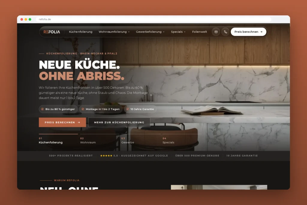 ReFolia – Website für Küchen- und Möbelfolierung, umgesetzt von Media WebConcept – Startseite im Browser